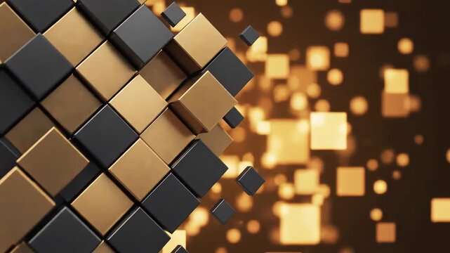 Abstract 3D Cubes Forming a Dynamic Structure with Golden Bokeh Lights.