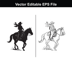 Cowgirl with lasso, silhouette and line art vector illustration