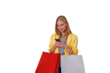 Young woman shopping online using smartphone, holding shopping bags, finding deals during retail sale, transparent background