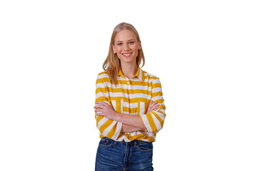 Blonde woman smiling with arms crossed, wearing yellow striped shirt, feeling happy and confident, transparent background