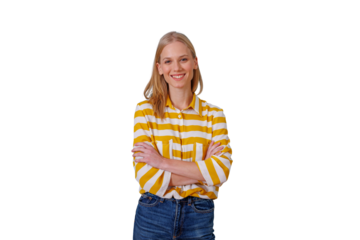 Blonde woman smiling with arms crossed, wearing yellow striped shirt, feeling happy and confident, transparent background