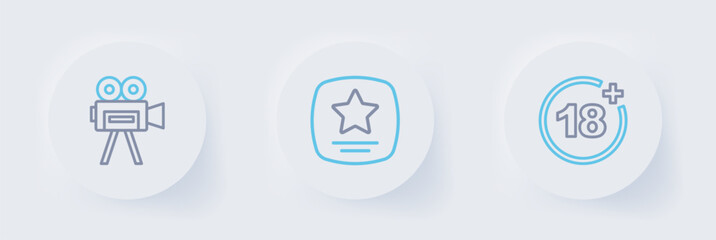 Set line Plus 18 movie, Walk of fame star and Retro cinema camera icon. Vector