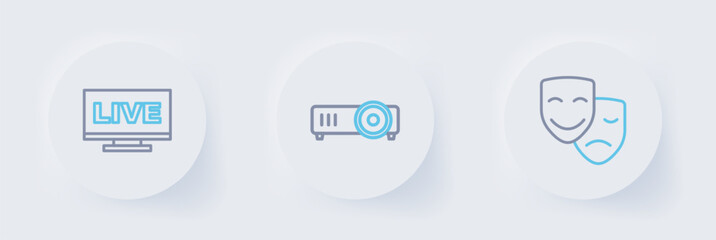 Set line Comedy and tragedy masks, Movie, film, media projector and Live stream icon. Vector