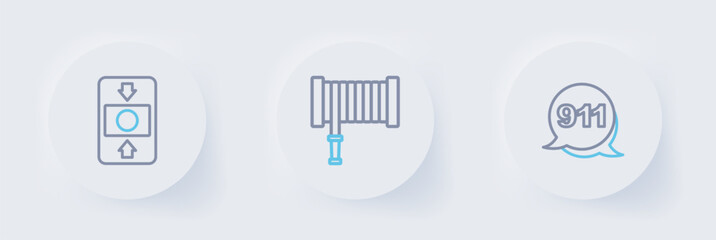 Set line Emergency call 911, Fire hose reel and alarm system icon. Vector