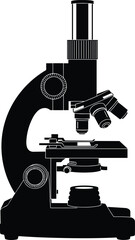 Compound microscope silhouette, scientific tool vector, biology lab icon, medical equipment, magnification device, black illustration, research concept, anatomy study