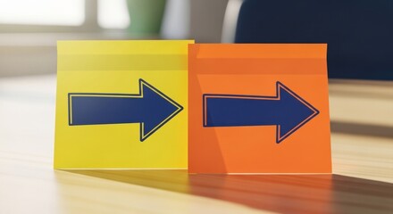 Two sticky notes, yellow and orange, with right-pointing arrows on a sunlit desk