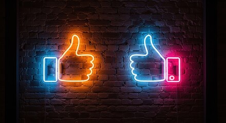 Two glowing neon thumbs-up signs in orange/blue on a dark brick wall, symbolizing approval