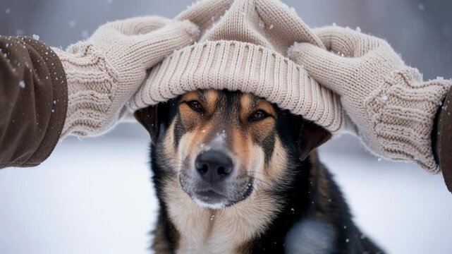 Woman's gloved hands placing warm knit hat on happy black and brown dog's head during winter day with snow falling, the dog is looking at camera