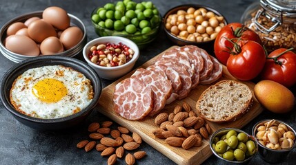 Varied whole foods eggs, peas, chickpeas, cured meat, almonds, tomatoes, olives, bread