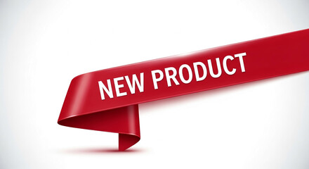 Red ribbon banner announces "New Product" against white background Free space below for text or logo Ideal for product launch announcements or marketing