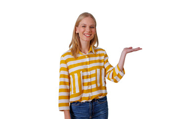 Young woman smiling, presenting with open hand, casual modern style, offering product or service, transparent background