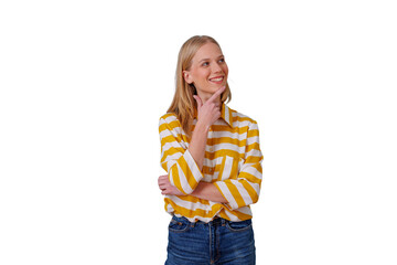 Young woman with blonde hair thinking and planning, looking up and smiling with a confident expression, transparent background
