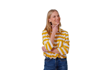 Young woman with blonde hair thinking and planning, looking up and smiling with a confident expression, transparent background