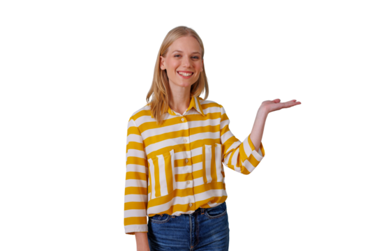 Young woman smiling, presenting with open hand, casual modern style, offering product or service, transparent background