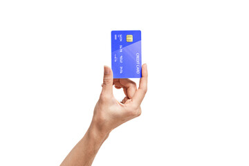 Hand showing a credit card, or card, business card or voucher, template, mock up isolated on a white background