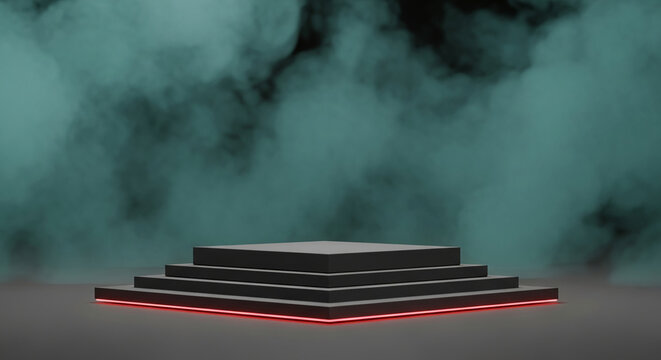 Black tiered platform with red neon light, set against a teal smoky background, ideal product showcase, mockup, or banner