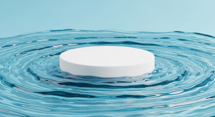 White cylinder podium floats on calm blue water, creating a serene scene ideal for product display or advertisement Mockup