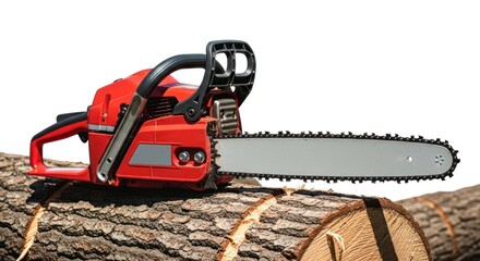 Fototapeta premium Vivid red chainsaw on textured wood logs, sharp blade facing right, white background