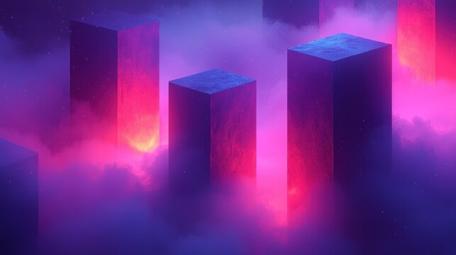 Vibrant purple and pink digital landscape with towering rectangular blocks amidst glowing mist