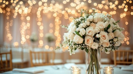 White rose floral centerpiece on an elegant table, with soft, warm bokeh lights