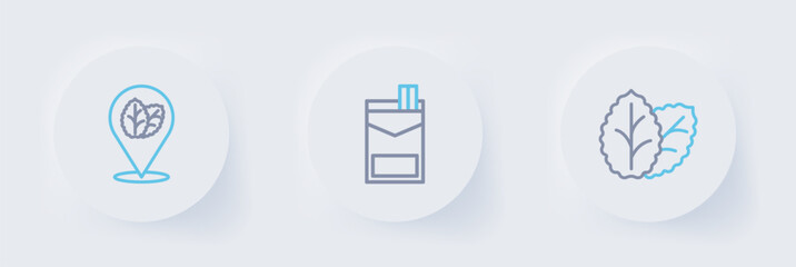 Set line Tobacco leaf, Cigarettes pack box and icon. Vector