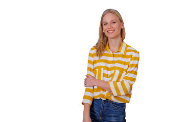 Happy young blonde woman smiling, wearing a striped shirt and jeans, standing with a transparent background