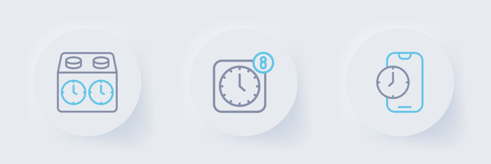 Set line Alarm clock app mobile, and Time chess icon. Vector
