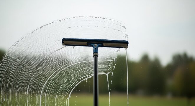 Window squeegee cleaning glass, leaving bubbly soap suds and streaks against blurred outdoors