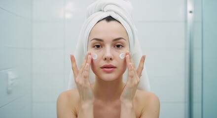 Woman with towel on head applies face cream to cheeks in a bright bathroom