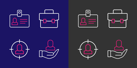 Set line Worker, Head hunting, Briefcase and Identification badge icon. Vector