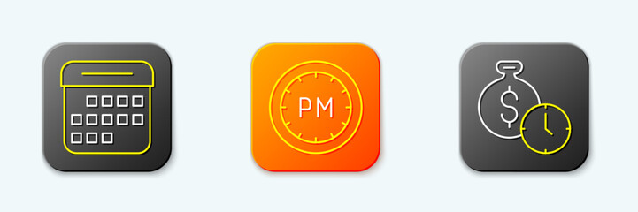 Set line Calendar, Day time and Time is money icon. Vector