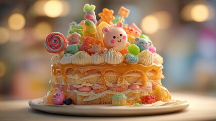 Delightful layered cake with caramel drizzle and cute candy toppers for birthdays, parties, or whimsical celebrations that bring joy and sweetness