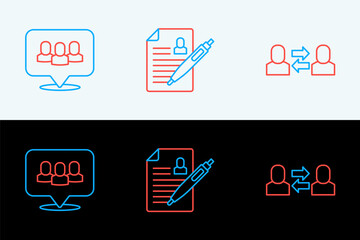 Set line Exchange work, Project team base and Resume icon. Vector