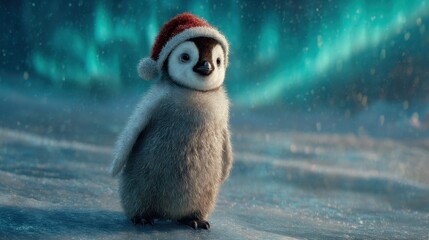 Charming baby penguin wearing Santa hat with aurora borealis backdrop makes for stunning holiday cards and heartwarming winter campaigns, so adorable!