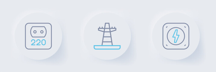Set line Lightning bolt, Electric tower line and Electrical outlet icon. Vector