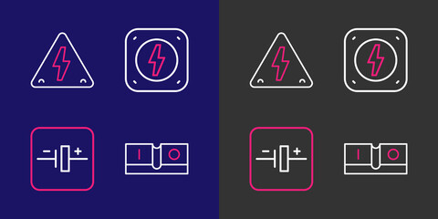Set line Electric light switch, DC voltage source, Lightning bolt and High icon. Vector