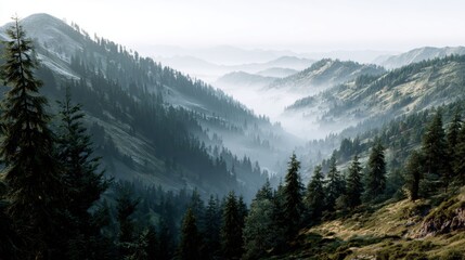 Stunning mountain range with misty valleys and lush green forests, perfect for adventure travel campaigns or nature documentaries, evoking peace and tranquility