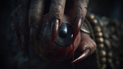 Terrifying monster hand gripping a human eye, dripping blood and creating a chilling Halloween horror scene, perfect for scary stories and dark fantasy art