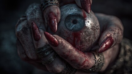 Intense horror scene of witch's hand holding an eyeball with blood, perfect for Halloween and dark fantasy projects, gripping suspense and chilling visuals