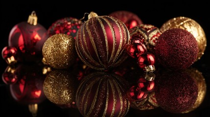 Stunning gold and red Christmas baubles on dark reflective surface capture holiday cheer and festive spirit for elegant seasonal designs and celebrations
