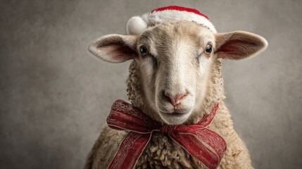 Festive sheep wishes you happy holidays wearing a Santa hat and a red ribbon bow, a charming addition to your Christmas cards and seasonal promotions