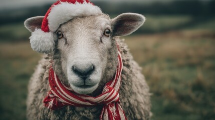 Adorable sheep ready for Christmas wearing a festive Santa hat and scarf in a snowy winter wonderland, perfect for holiday cards and seasonal marketing