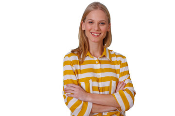 Blonde woman smiling, standing with arms crossed, exuding confidence and approachability on a transparent background