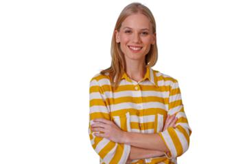 Blonde woman smiling, standing with arms crossed, exuding confidence and approachability on a transparent background