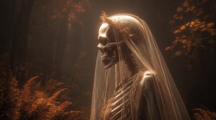 Ethereal bride skeleton with golden veil in dark forest, a hauntingly beautiful concept for gothic fantasy projects or Halloween themed designs