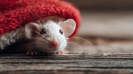 Charming white mouse nestled in a cozy red Santa hat on rustic wood, a delightful Christmas holiday season scene full of warmth and festive cheer