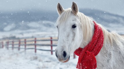 Graceful white horse wearing a festive red scarf in a snowy winter landscape, offering a charming holiday or seasonal greeting with natural beauty