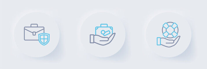 Set line Lifebuoy in hand, Travel suitcase and Briefcase with shield icon. Vector