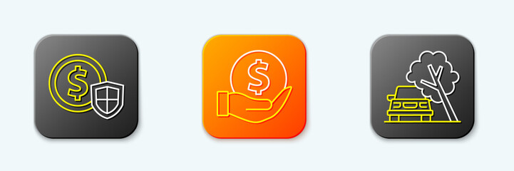 Set line Money with shield, and Car damaged by fallen tree icon. Vector