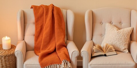 Cozy home scene with soft armchairs, warm orange throw blanket, open book and candle creating inviting relaxing interior atmosphere